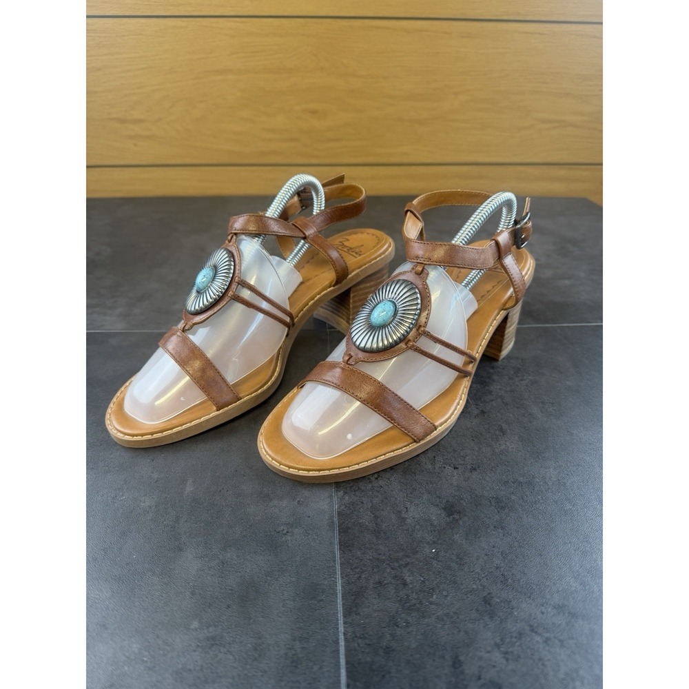 Zodiac Women's Ilaria Brown Leather Block Heeled Sandals w/Turquois Size 10